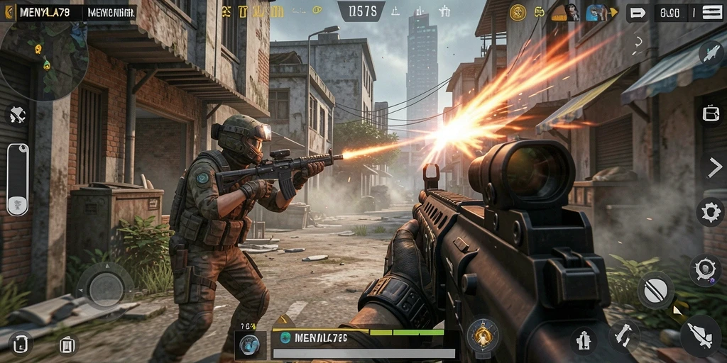 Screenshot gameplay <strong>MENYALA78</strong> dengan aksi tembak-menembak yang mendebarkan.