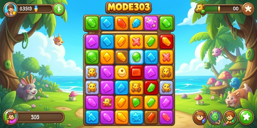 Tampilan gameplay seru di MODE303 dengan tantangan Match-3 yang menarik.