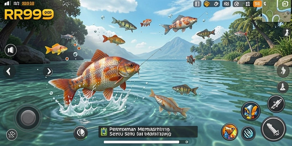 Tampilan menarik dari gameplay RR999 dengan berbagai ikan yang bisa ditangkap.