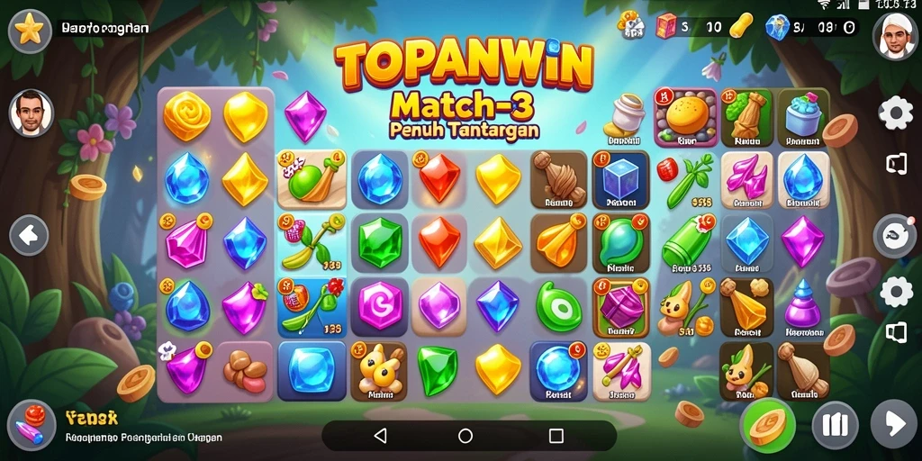 Screenshot gameplay TOPANWIN menunjukkan aksi Match-3 yang seru.